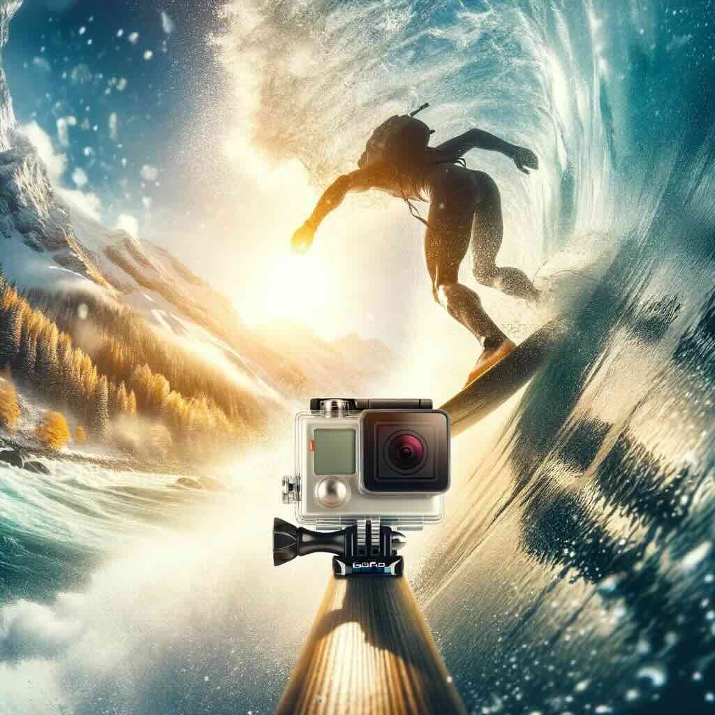 extreme sport like surfing or mountain biking, seen through a first-person perspective, indicating the use of a GoPro